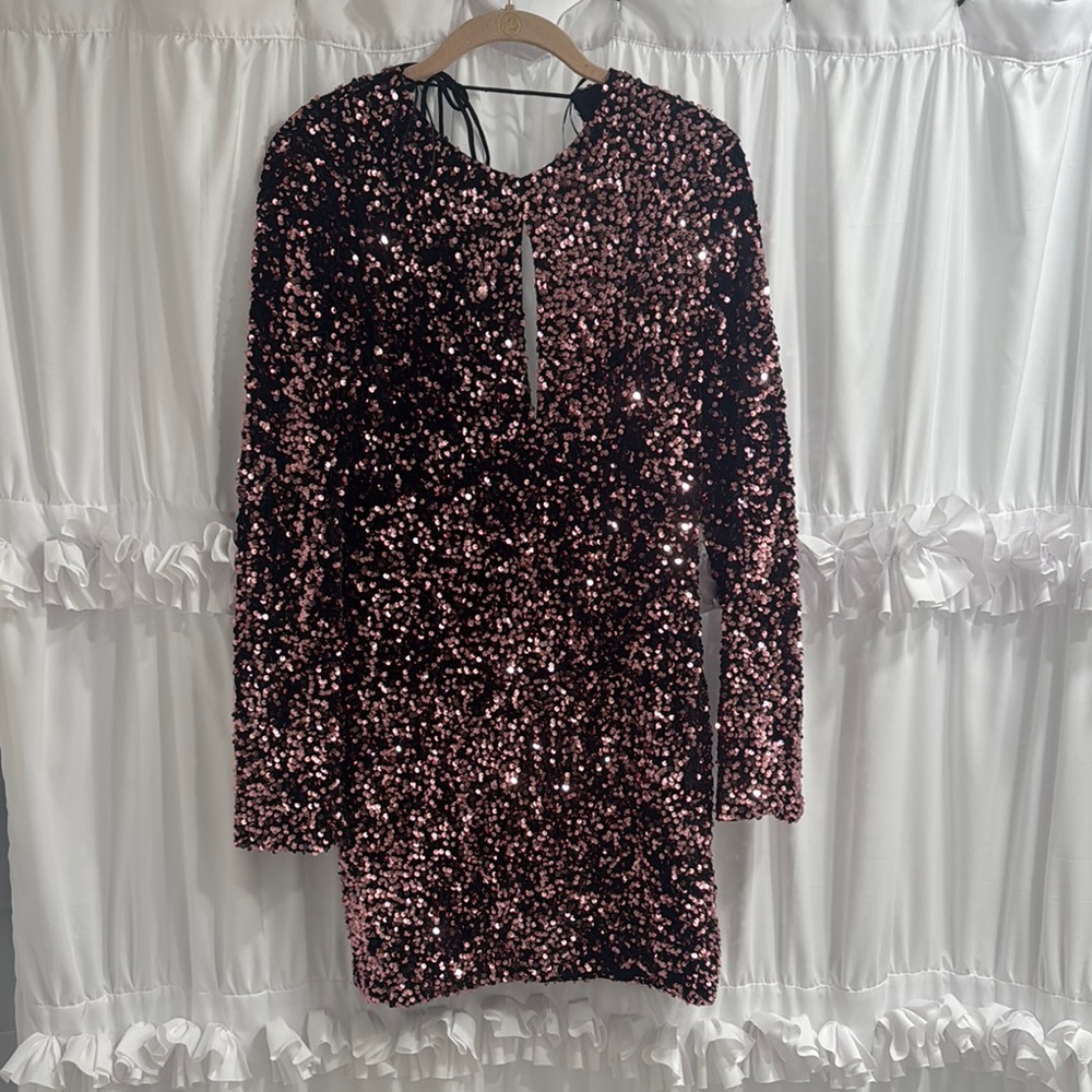 Sequin Long Sleeve Dress - Black and Pink